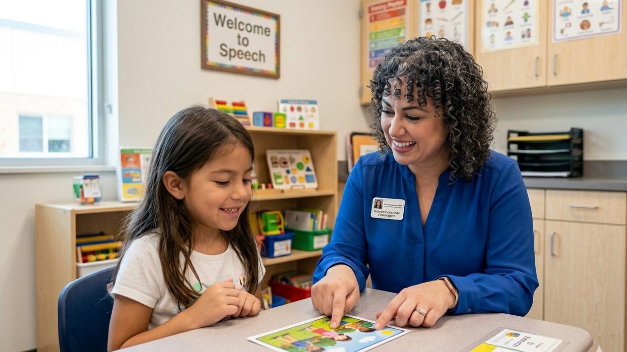A speech-language pathologist working one-on-one with a young student during a therapy session